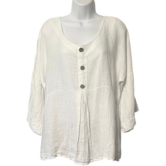 Laura Bianchi 100% Linen Blouse White Italy 3/4 Sleeve Minimalist Size L Beach - Picture 1 of 8